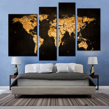 Load image into Gallery viewer, abstract globe canvas wall art brown world map digital painting 4 piece canvas print yellow global flat world canvas set
