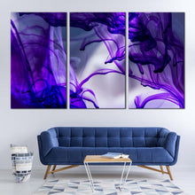 Load image into Gallery viewer, abstract ink canvas wall art blue purple abstract isolated ink 3 piece canvas print ink in water multiple canvas In Living Room
