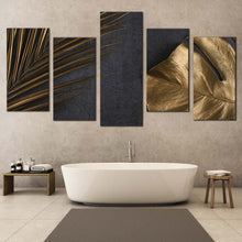 Load image into Gallery viewer, abstract leaves canvas wall art abstract elegance multi canvas abstract golden palm 5 piece canvas set For Bathroom
