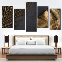 Load image into Gallery viewer, abstract leaves canvas wall art abstract elegance multi canvas abstract golden palm 5 piece canvas set In Bedroom
