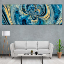 Load image into Gallery viewer, abstract  liquid  canvas  print  blue  digital  pour  paint  panoramic  canvas  wall  art  yellow  contemporary  abstract  wide  canvas In Living Room
