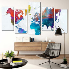 Load image into Gallery viewer, abstract map canvas wall art colorful world map digital painting 5 piece canvas print white global map multiple canvas  In Living room
