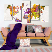 Load image into Gallery viewer, abstract map canvas wall art white background flat world canvas print colorful world map 5 piece multiple canvas In Living room
