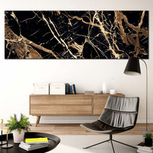 Load image into Gallery viewer, abstract  marble  canvas  wall  art  abstract  golden  stone  canvas  artwork  abstract  black  background  gold  lines  panoramic  canvas  print In Living Room
