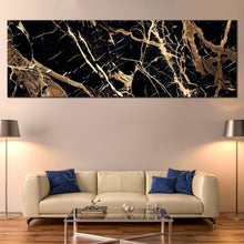 Load image into Gallery viewer, abstract  marble  canvas  wall  art  abstract  golden  stone  canvas  artwork  abstract  black  background  gold  lines  panoramic  canvas  print For Living Room
