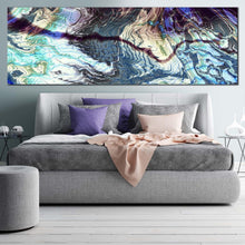 Load image into Gallery viewer, abstract  marble  canvas  wall  art  blue  abstract  digital  fractal  patterns  canvas  print  gray  modern  abstract  marble  texture  panoramic  canvas  artwork In Bedroom
