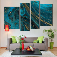 Load image into Gallery viewer, abstract marble canvas wall art blue abstract paint texture 4 piece canvas set gold luxury abstract digital painting canvas print for your living room 
