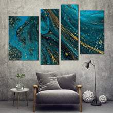 Load image into Gallery viewer, abstract marble canvas wall art blue abstract paint texture 4 piece canvas set gold luxury abstract digital painting canvas print in living room
