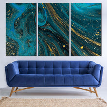 Load image into Gallery viewer, abstract paint canvas wall art blue abstract marble texture 3 piece canvas print abstract gold fluid multi canvas artwork In Living Room
