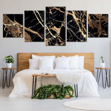 Load image into Gallery viewer, abstract patterns canvas wall art abstract black background gold lines 5 piece multi canvas contemporary abstract stone canvas print In Bedroom
