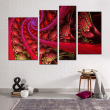 Load image into Gallery viewer, abstract rendering canvas wall art blue sacred geometry 4 piece canvas set red spiral fractal multi canvas artwork in living room
