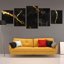 Load image into Gallery viewer, abstract stone canvas wall art marble stone black gold canvas print abstract marble 5 piece multi canvas In Living Room
