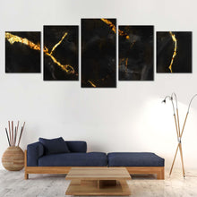 Load image into Gallery viewer, abstract stone canvas wall art marble stone black gold canvas print abstract marble 5 piece multi canvas For Living room
