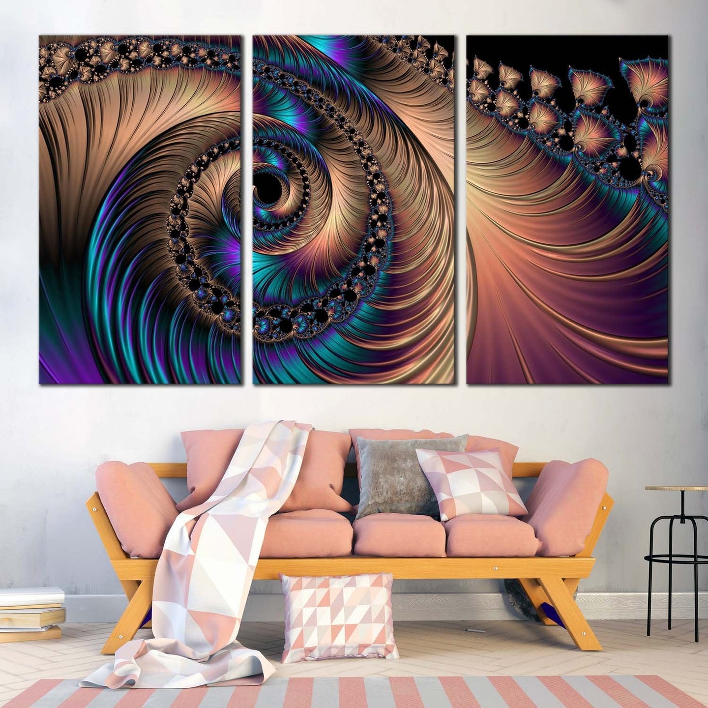 abstract swirl canvas wall art colorful abstract spiral fractal 3 piece canvas swirl graphic art print In Living Room