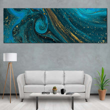 Load image into Gallery viewer, abstract  texture  canvas  print  abstract  blue  gold  fluid  panoramic  canvas  marble  abstract  paint  canvas  wall  art In Living Room
