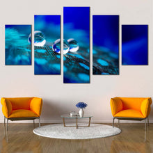 Load image into Gallery viewer, abstract water canvas wall art blue abstract elegance 5 piece multi canvas artwork green abstract feathers water drops canvas print In Living Room
