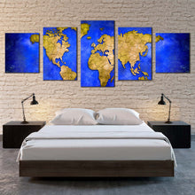 Load image into Gallery viewer, abstract world canvas print blue global map of continents multiple canvas yellow detailed world map 5 piece canvas wall art For Bedroom
