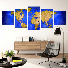 Load image into Gallery viewer, abstract world canvas print blue global map of continents multiple canvas yellow detailed world map 5 piece canvas wall art In Living Room
