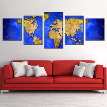 Load image into Gallery viewer, abstract world canvas print blue global map of continents multiple canvas yellow detailed world map 5 piece canvas wall art For Living room
