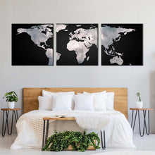 Load image into Gallery viewer, abstract  world  canvas  wall  art  black  global  map  of  continents  multi  canvas  grey  detailed  world  map  3  piece  canvas  print For Bedroom
