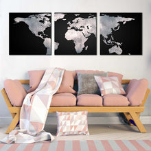 Load image into Gallery viewer, abstract  world  canvas  wall  art  black  global  map  of  continents  multi  canvas  grey  detailed  world  map  3  piece  canvas  print For Living Room
