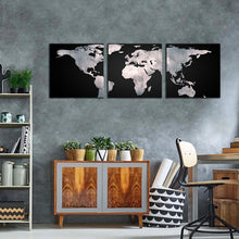 Load image into Gallery viewer, abstract  world  canvas  wall  art  black  global  map  of  continents  multi  canvas  grey  detailed  world  map  3  piece  canvas  print In Living Room
