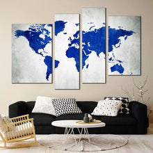 Load image into Gallery viewer, abstract world canvas wall art blue world map 4 piece canvas print white flat earth canvas set in living room
