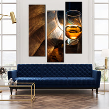 Load image into Gallery viewer, acohol  filled  glass  inside  Oak  barrel  triptych  wall  art For Living Room
