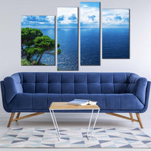 Load image into Gallery viewer, adriatic sea canvas print blue clouds ocean 4 piece canvas wall art green trees ocean canvas set in living room
