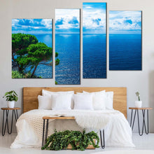 Load image into Gallery viewer, adriatic sea canvas print blue clouds ocean 4 piece canvas wall art green trees ocean canvas set for bedroom
