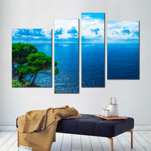 Load image into Gallery viewer, adriatic sea canvas print blue clouds ocean 4 piece canvas wall art green trees ocean canvas set
