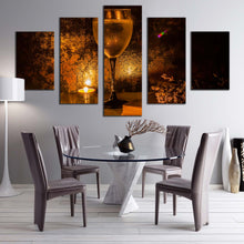 Load image into Gallery viewer, alcohol drink canvas wall art brown wine candle book 5 piece canvas orange wine in the evening canvas print In Dining Room
