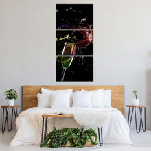 Load image into Gallery viewer, alcohol  glass  canvas  print  champagne  digital  artwork  3  piece  multi  canvas  colorful  champagne  glass  splash  canvas  print For Bedroom
