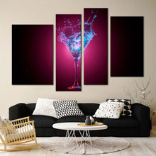 Load image into Gallery viewer, alcohol glass canvas wall art blue cocktail splashing 4 piece canvas red classic cocktail glass canvas print in living room
