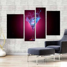 Load image into Gallery viewer, alcohol glass canvas wall art blue cocktail splashing 4 piece canvas red classic cocktail glass canvas print for living room
