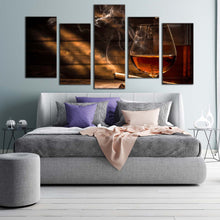 Load image into Gallery viewer, alcohol glass canvas wall art orange whiskey glass 5 piece canvas print classic whiskey brown cigar multiple canvas For Bedroom
