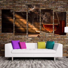 Load image into Gallery viewer, alcohol glass canvas wall art orange whiskey glass 5 piece canvas print classic whiskey brown cigar multiple canvas In Your Living Room
