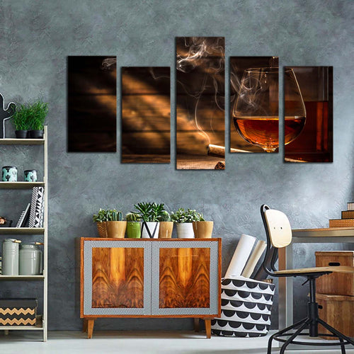 alcohol glass canvas wall art orange whiskey glass 5 piece canvas print classic whiskey brown cigar multiple canvas For Living room