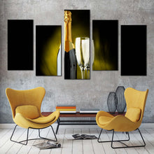 Load image into Gallery viewer, alcohol glasses canvas wall art yellow champagne glasses 5 piece multiple canvas black champagne drink bottle canvas print For Living Room
