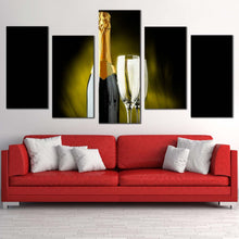 Load image into Gallery viewer, alcohol glasses canvas wall art yellow champagne glasses 5 piece multiple canvas black champagne drink bottle canvas print In Living Room
