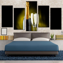 Load image into Gallery viewer, alcohol glasses canvas wall art yellow champagne glasses 5 piece multiple canvas black champagne drink bottle canvas print For Bedroom
