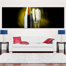 Load image into Gallery viewer, alcohol  glasses  canvas  wall  art  yellow  champagne  glasses  canvas  artwork  black  champagne  bottle  1  piece  canvas  print For Living Room
