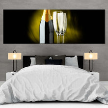 Load image into Gallery viewer, alcohol  glasses  canvas  wall  art  yellow  champagne  glasses  canvas  artwork  black  champagne  bottle  1  piece  canvas  print For Bedroom
