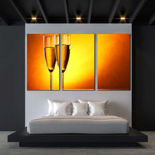 Load image into Gallery viewer, alcohol glasses canvas wall art yellow orange champagne glasses 3 piece multi canvas romantic champagne glasses triptych canvas print In Bedroom
