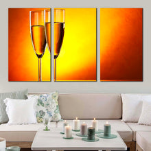 Load image into Gallery viewer, alcohol glasses canvas wall art yellow orange champagne glasses 3 piece multi canvas romantic champagne glasses triptych canvas print For Living Room
