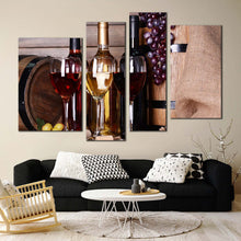 Load image into Gallery viewer, alcoholic drink canvas print still life flat wine barrel multi canvas red white wine bottles glasses 4 piece canvas wall art  for living room
