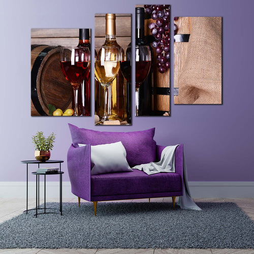 alcoholic drink canvas print still life flat wine barrel multi canvas red white wine bottles glasses 4 piece canvas wall art