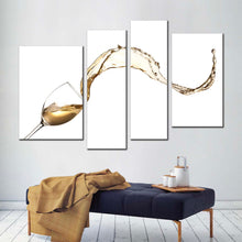 Load image into Gallery viewer, alcoholic drink canvas print yellow wine glass splashing 4 piece canvas wall art white wine wave multi canvas in living room
