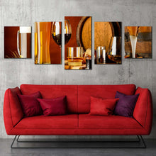 Load image into Gallery viewer, alcoholic drink canvas wall art brown cocktail glasses beer barrels multiple canvas orange beer glass 5 piece canvas print In Living room
