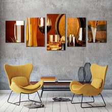 Load image into Gallery viewer, alcoholic drink canvas wall art brown cocktail glasses beer barrels multiple canvas orange beer glass 5 piece canvas print For Living Room
